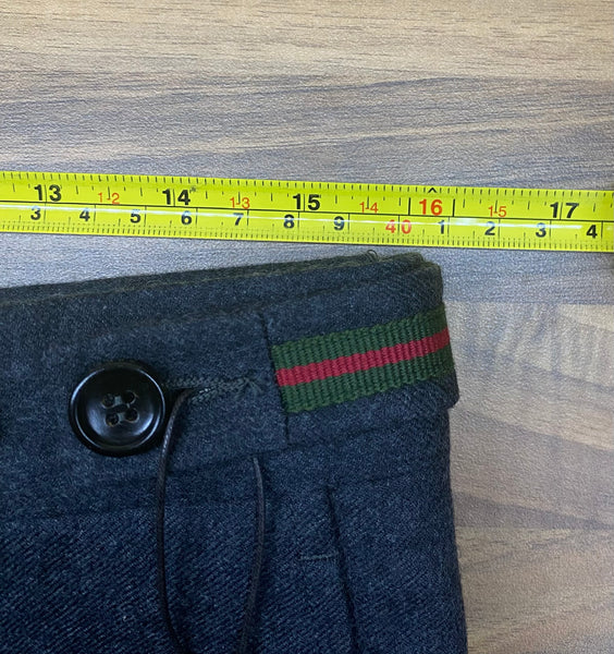 GUCCI Men's Red And Green Striped Embellished Charcoal Grey Pure Wool Flannel Trousers