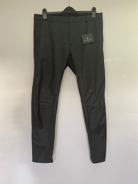 Lanvin Cashmere Blend Dark Grey Biker Pants Round Cut Hem Line With Stitch Detailing & Zip Cuff