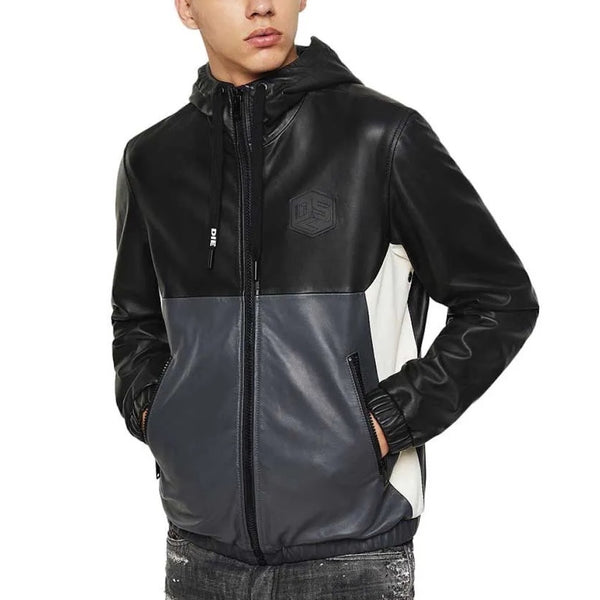 Diesel L Carr Black Grey & White Colour-Block Hooded Sheepskin Leather Jacket