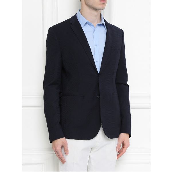 Emporio Armani Navy Blue Wool Jacquard Slim Blazer Made in Italy