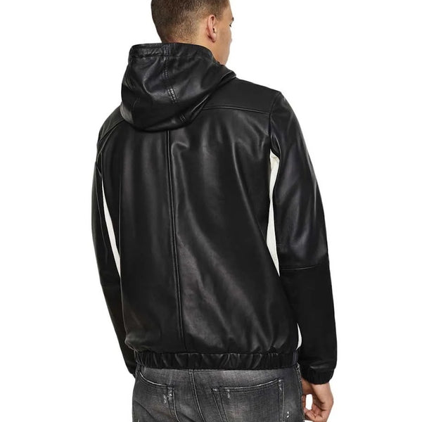 Diesel L Carr Black Grey & White Colour-Block Hooded Sheepskin Leather Jacket