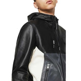 Diesel L Carr Black Grey & White Colour-Block Hooded Sheepskin Leather Jacket