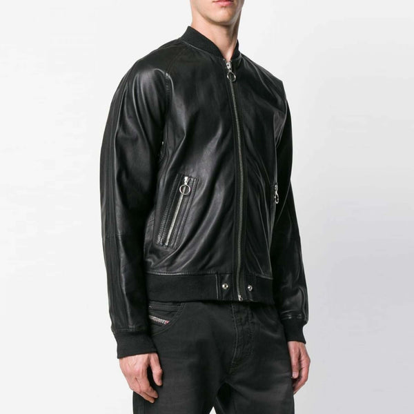 Diesel L-PINS Mens Black Sheepskin Embossed Logo Leather Jacket