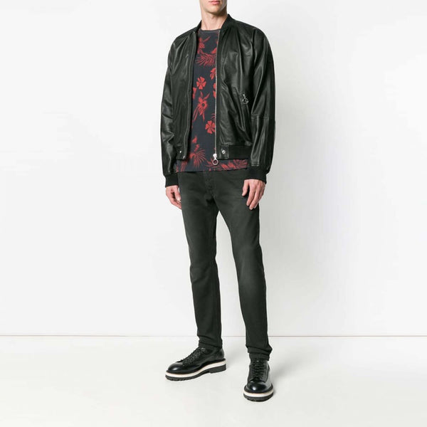 Diesel L-PINS Mens Black Sheepskin Embossed Logo Leather Jacket