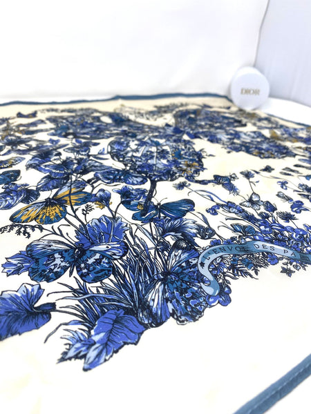Christian Dior Beauty Blue Butterfly Square 100% Silk Scarf (VIP Gift) Made in Italy (19.7" Square)
