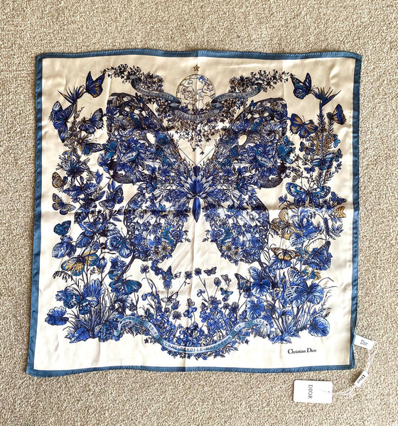 Christian Dior Beauty Blue Butterfly Square 100% Silk Scarf (VIP Gift) Made in Italy (19.7" Square)