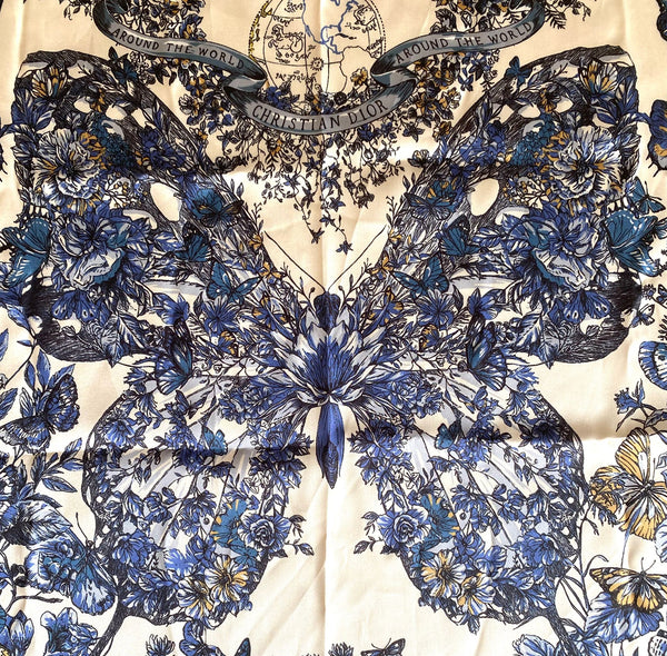 Christian Dior Beauty Blue Butterfly Square 100% Silk Scarf (VIP Gift) Made in Italy (19.7" Square)