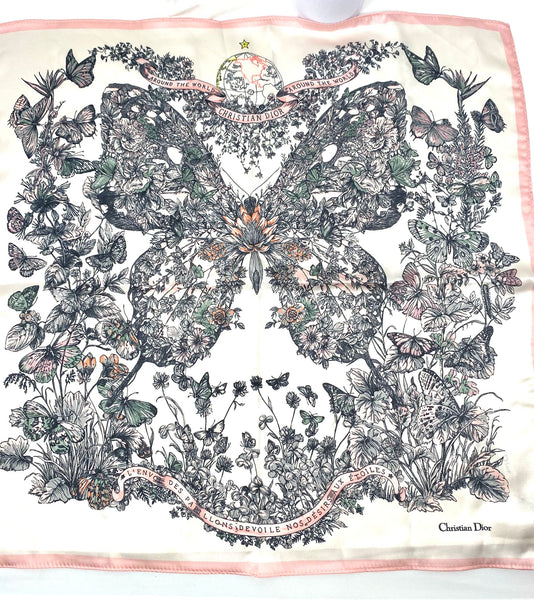 Christian Dior Beauty Pink Butterfly Square 100% Silk Scarf (VIP Gift) Made in Italy (19.7" Square)
