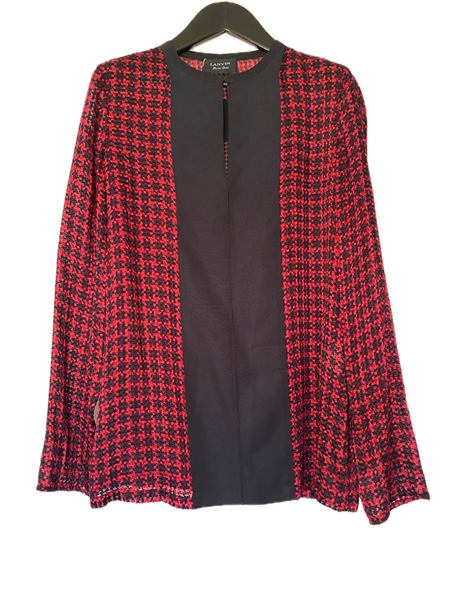 LANVIN Red & Black Houndstooth Print Silk Blend Blouse Made in Italy