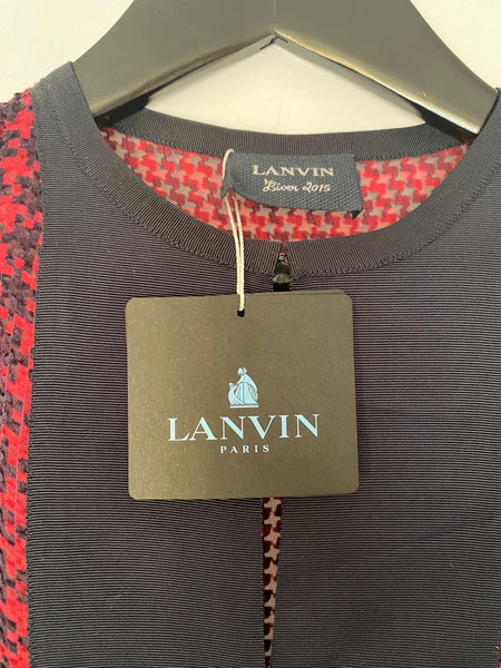 LANVIN Red & Black Houndstooth Print Silk Blend Blouse Made in Italy