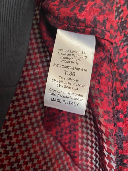 LANVIN Red & Black Houndstooth Print Silk Blend Blouse Made in Italy