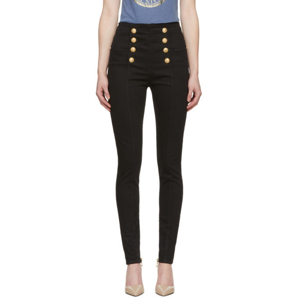 BALMAIN Women's Button-embellished High-rise Skinny Jeans In Black Made in Italy
