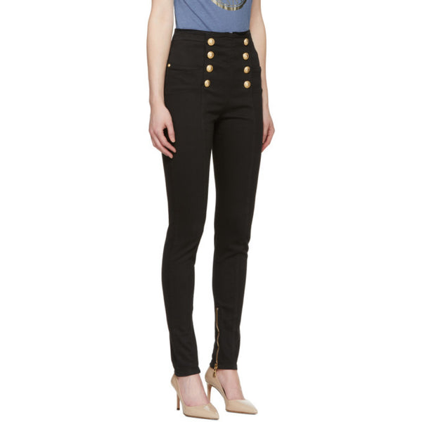 BALMAIN Women's Button-embellished High-rise Skinny Jeans In Black Made in Italy