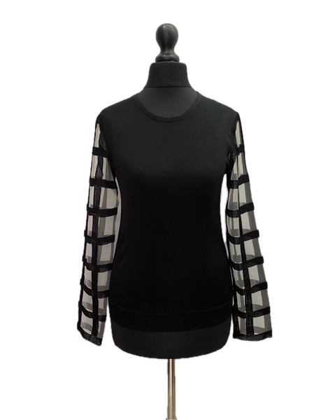 Giorgio Armani Black Links-Stitch Viscose Jumper with Sheer Grid Sleeves