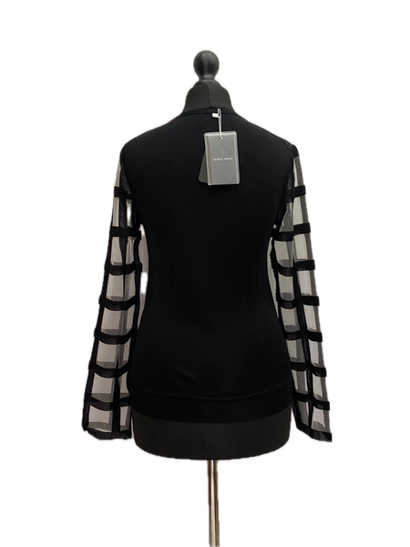 Giorgio Armani Black Links-Stitch Viscose Jumper with Sheer Grid Sleeves
