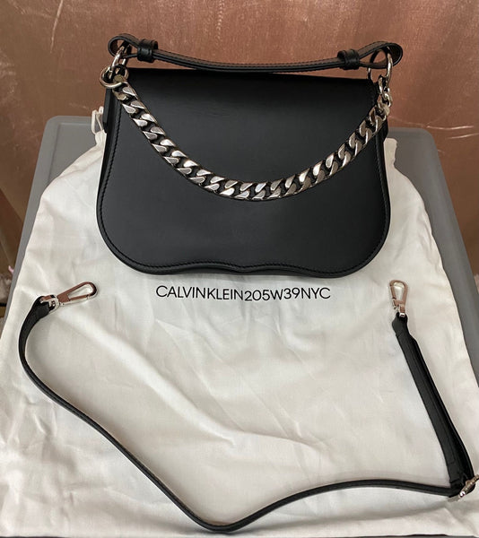 CALVIN KLEIN 205W39NYC Black Leather Handbag Chain Shoulder Bag