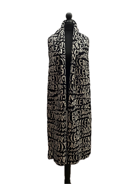 Balenciaga Black & White Intarsia Wave Logo Wool Scarf – Made in Italy