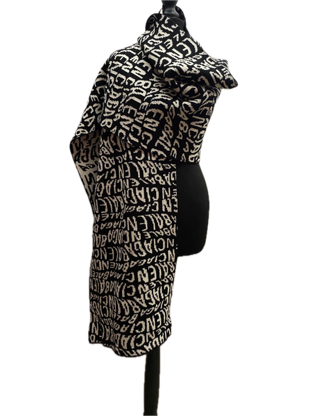 Balenciaga Black & White Intarsia Wave Logo Wool Scarf – Made in Italy