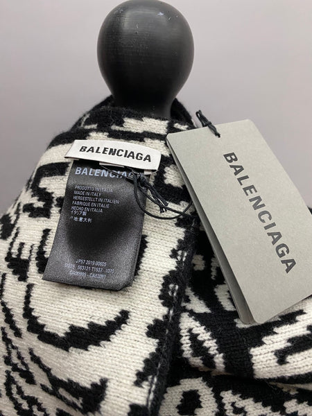 Balenciaga Black & White Intarsia Wave Logo Wool Scarf – Made in Italy