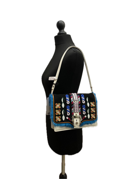 Paula Cademartori Embroidered Leather Shoulder Bag with Fur Trim