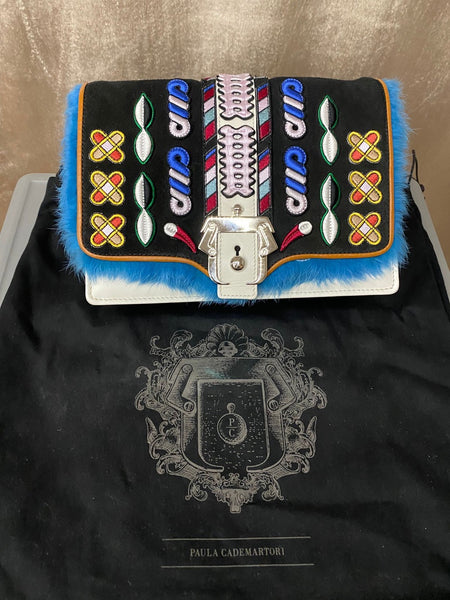 Paula Cademartori Embroidered Leather Shoulder Bag with Fur Trim