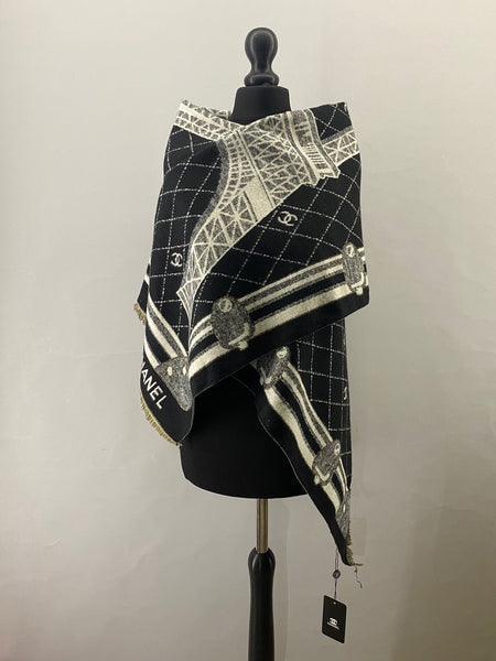Authentic CHANEL Black & Ivory Cashmere blend Scarf – New with Box (VIP Gift) Made in France