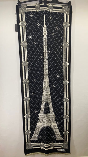 Authentic CHANEL Black & Ivory Cashmere blend Scarf – New with Box (VIP Gift) Made in France