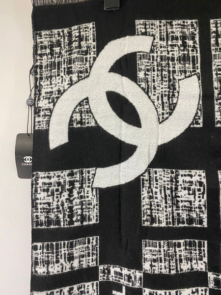 CHANEL Black & White Cashmere-Silk Scarf – VIP Gift – Made in France – With Gift Box