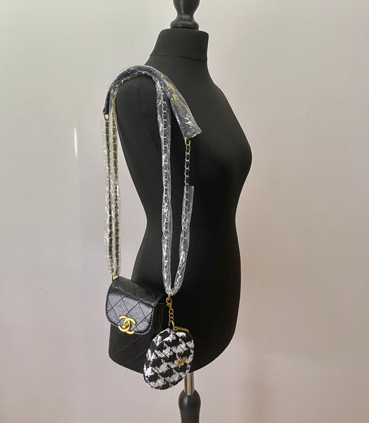 CHANEL CC Wax Leather Makeup Bag on Chain + Tweed Pouch Set (VIP Gift)  Phone Bag and Purse With Logo Box