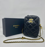 CHANEL CC Black Leather Matelassé Quilted Makeup Bag on Chain (VIP Gift) With Logo Box, Mini Crossbody, Phone Pouch