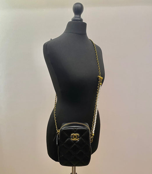 CHANEL CC Black Leather Matelassé Quilted Makeup Bag on Chain (VIP Gift) With Logo Box, Mini Crossbody, Phone Pouch