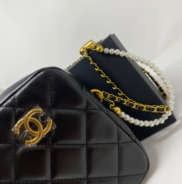 CHANEL CC Black Leather Matelassé Quilted Makeup Bag on Chain (VIP Gift) With Logo Box, Mini Crossbody, Phone Pouch
