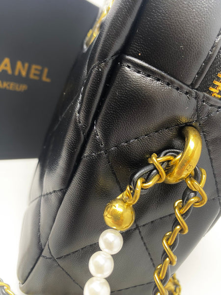 CHANEL CC Black Leather Matelassé Quilted Makeup Bag on Chain (VIP Gift) With Logo Box, Mini Crossbody, Phone Pouch