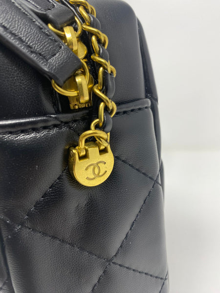 CHANEL CC Black Leather Matelassé Quilted Makeup Bag on Chain (VIP Gift) With Logo Box, Mini Crossbody, Phone Pouch