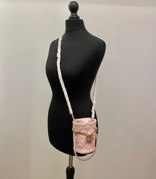CHANEL Pink Leather Matelassé Quilted Makeup Bag on Interwoven Chain – (VIP Gift), Made in Italy, Bucket with Pearl Details