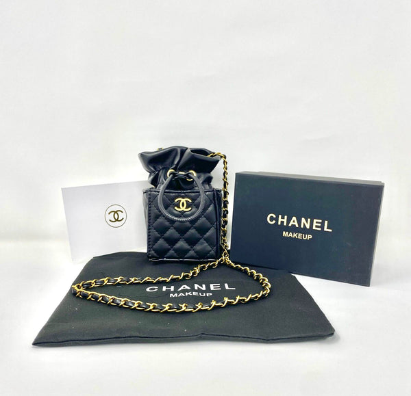 CHANEL Black Matelassé Quilted Mini Makeup Bag on Chain – (VIP Gift with Box) Made in Italy, Beauty Pouch