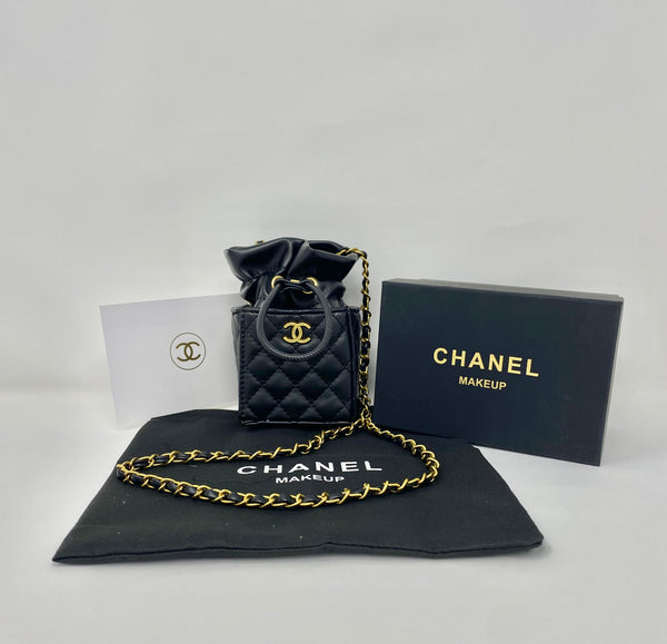 CHANEL Black Matelassé Quilted Mini Makeup Bag on Chain – (VIP Gift with Box) Made in Italy, Beauty Pouch