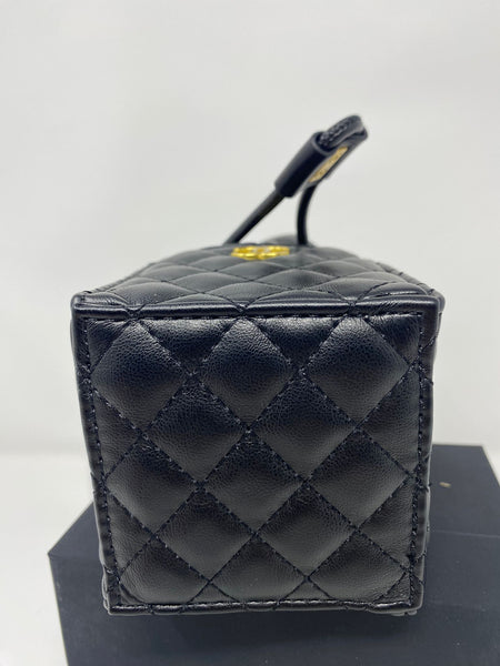 CHANEL Black Matelassé Quilted Mini Makeup Bag on Chain – (VIP Gift with Box) Made in Italy, Beauty Pouch