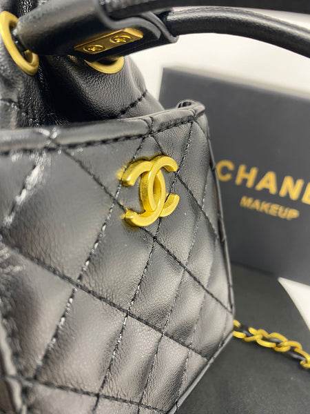 CHANEL Black Matelassé Quilted Mini Makeup Bag on Chain – (VIP Gift with Box) Made in Italy, Beauty Pouch
