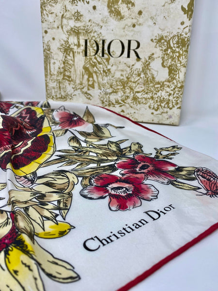 Large Christian Dior Beauty White Pink Butterfly Floral 100% Silk Scarf, VIP Gift with Box, 35.4" Square