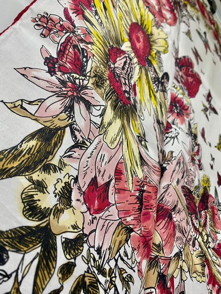 Large Christian Dior Beauty White Pink Butterfly Floral 100% Silk Scarf, VIP Gift with Box, 35.4" Square