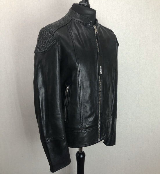 Just Cavalli Men's Black Padded Shoulder Lambskin Leather Biker Jacket