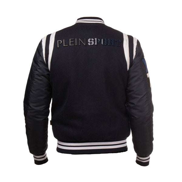 Plein Sport Blue Wool Blends Baseball Style Bomber Jacket Made in Italy