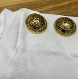 BALMAIN Women's Black Flocked Logo Gold Metallic Buttons On Shoulder White Short Sleeves T-Shirt