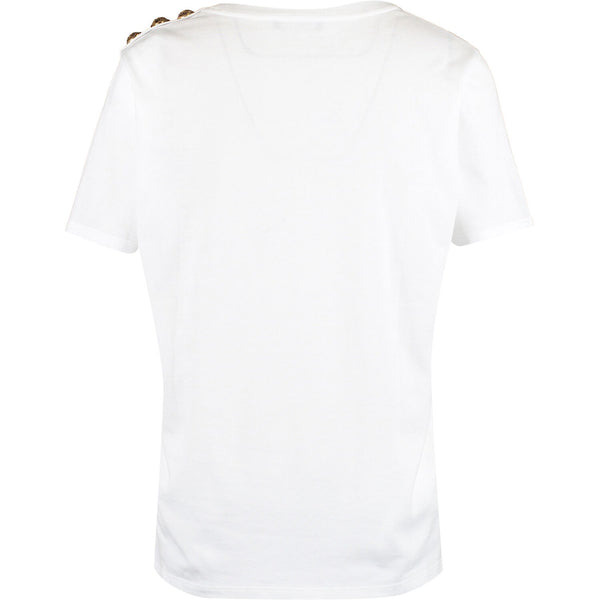 BALMAIN Women's Black Flocked Logo Gold Metallic Buttons On Shoulder White Short Sleeves T-Shirt