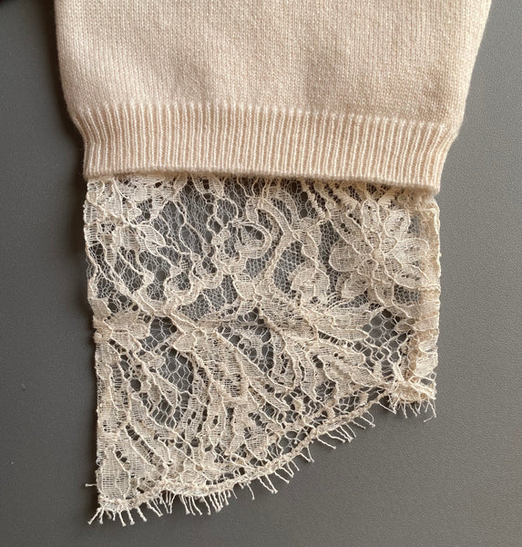 Brunello Cucinelli Women's Cream Pure Cashmere Silk Lace Cuffed Jumper Made In Italy