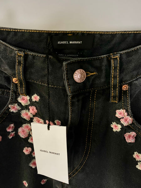 Isabel Marant Grey Holan Flower Embroidered Cropped Jeans