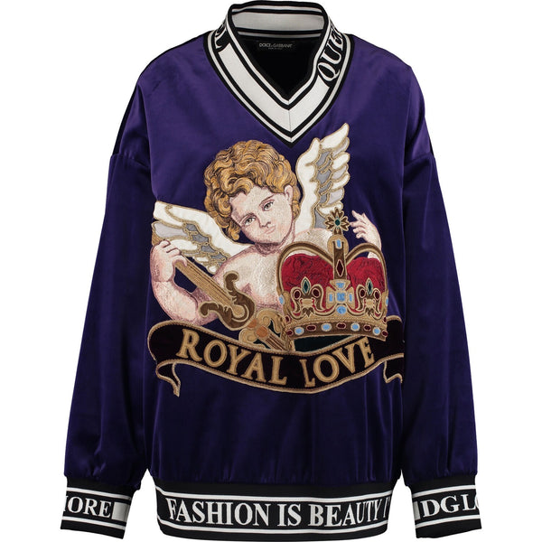 Dolce & Gabbana Runway Women's Purple Velvet 'Angel Royal Love' Embroidered Oversized Pullover Sweatshirt