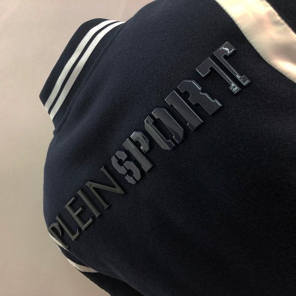 Plein Sport Blue Wool Blends Baseball Style Bomber Jacket Made in Italy