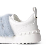 VALENTINO Garavani White Leather Blue Mink Fur Sneakers With Studs